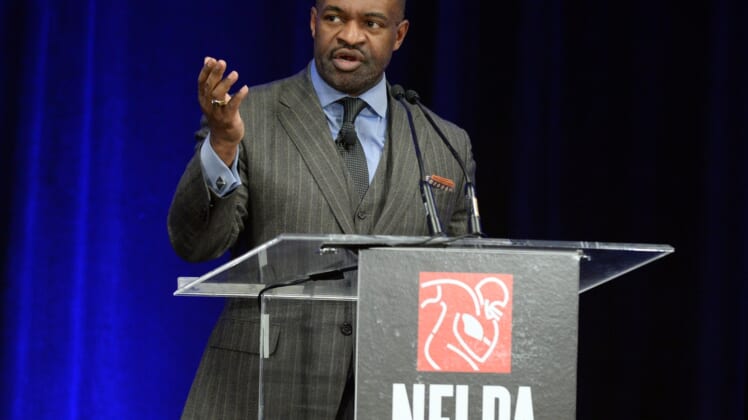 Jan 31, 2019; Atlanta, GA, USA; NFLPA executive director DeMaurice Smith speaks during the NFLPA press conference in advance of the Super Bowl LIII where the New England Patriots will play the Los Angeles Rams on Feb. 3, 2019 at Mercedes_Benz Stadium.  Mandatory Credit: John David Mercer-USA TODAY Sports
