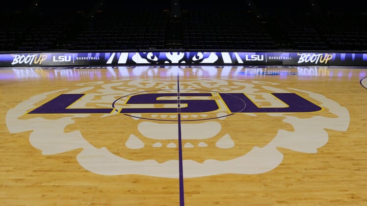 Mar 9, 2019; Baton Rouge, LA, USA; General view of the LSU mid court logo before the game against Vanderbilt Commodores at Maravich Assembly Center. Mandatory Credit: Stephen Lew-USA TODAY Sports