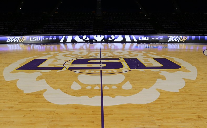 Mar 9, 2019; Baton Rouge, LA, USA; General view of the LSU mid court logo before the game against Vanderbilt Commodores at Maravich Assembly Center. Mandatory Credit: Stephen Lew-USA TODAY Sports