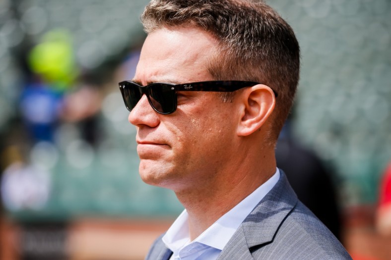 Mar 28, 2019; Arlington, TX, USA; Chicago Cubs president of baseball operations Theo Epstein stands on the field prior to the opening day game. Against the Texas Rangers at Globe Life Park in Arlington. Mandatory Credit: Ray Carlin-USA TODAY Sports