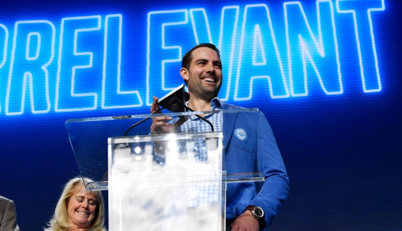 Tennessee Titans kicker Ryan Succop makes the final pick, number 254, Mr. Irrelevant, Caleb Wilson of UCLA, during the final day of the NFL Draft Saturday, April 27, 2019, in Nashville, Tenn.

Gw55347