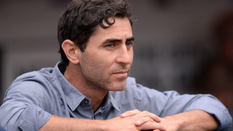 Jun 6, 2019; San Diego, CA, USA; San Diego Padres general manager A.J. Preller looks on from the dugout before the game against the Washington Nationals at Petco Park. Mandatory Credit: Orlando Ramirez-USA TODAY Sports