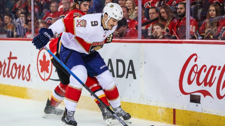 Oct 24, 2019; Calgary, Alberta, CAN; Florida Panthers center Brian Boyle (9) against the Calgary Flames during the second period at Scotiabank Saddledome. Mandatory Credit: Sergei Belski-USA TODAY Sports