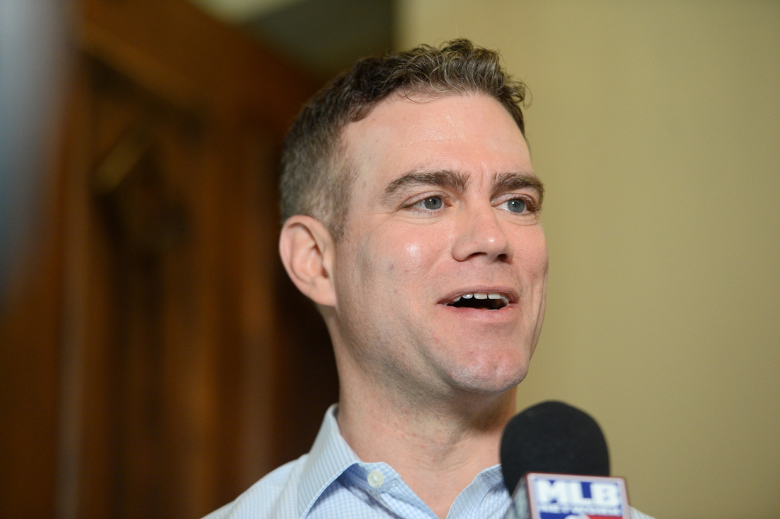 Nov 13, 2019; Scottsdale, AZ, USA; Chicago Cubs president of baseball operations Theo Epstein speaks with members of the media during general managers meetings at the Omni Scottsdale Resort & Spa at Montelucia Mandatory Credit: Joe Camporeale-USA TODAY Sports