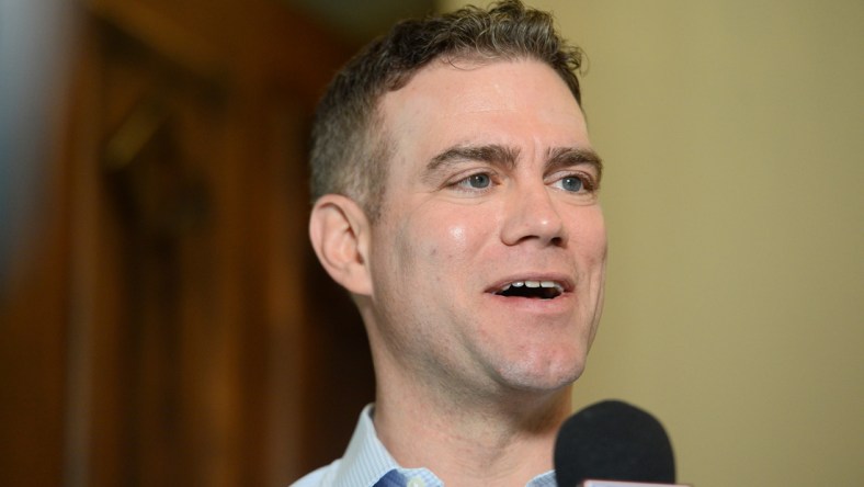 Nov 13, 2019; Scottsdale, AZ, USA; Chicago Cubs president of baseball operations Theo Epstein speaks with members of the media during general managers meetings at the Omni Scottsdale Resort & Spa at Montelucia Mandatory Credit: Joe Camporeale-USA TODAY Sports