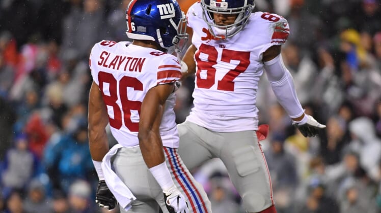 Dec 9, 2019; Philadelphia, PA, USA; New York Giants wide receiver Darius Slayton (86) celebrates his touchdown  catch with wide receiver Sterling Shepard (87) during the second quarter against the Philadelphia Eagles at Lincoln Financial Field. Mandatory Credit: Eric Hartline-USA TODAY Sports