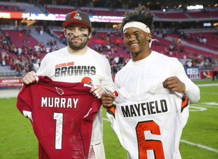 Cleveland Browns quarterback Baker Mayfield (left) and Arizona Cardinals quarterback Kyler Murray exchange jerseys after Arizona Cardinals won 38-24 at State Farm Stadium December 15, 2019.

Browns Vs Cardinals