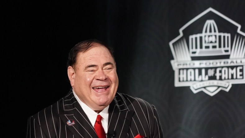 Feb 1, 2020; Miami, Florida, USA; Pro Football Hall of Fame president David Baker announces the class of 2020 inductees during the NFL Honors awards presentation at Adrienne Arsht Center. Mandatory Credit: Kirby Lee-USA TODAY Sports