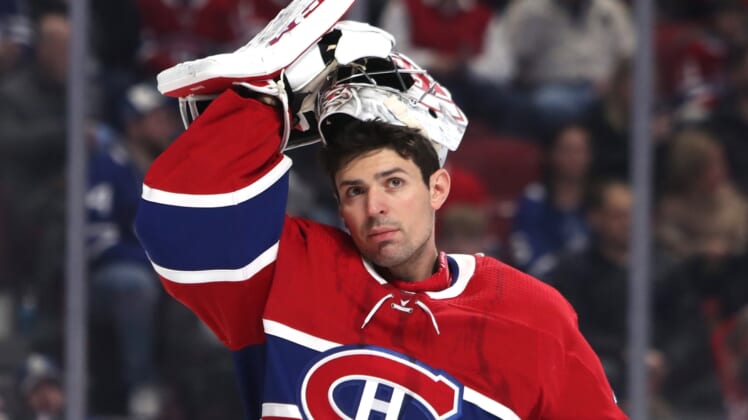 Feb 8, 2020; Montreal, Quebec, CAN; Montreal Canadiens goaltender Carey Price (31) puts his helmet before the game against Toronto Maple Leafs at Bell Centre. Mandatory Credit: Jean-Yves Ahern-USA TODAY Sports