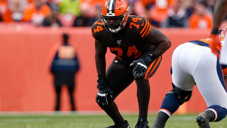 Nov 3, 2019; Denver, CO, USA; Cleveland Browns offensive tackle Chris Hubbard (74) in the second quarter against the Denver Broncos at Empower Field at Mile High. Mandatory Credit: Isaiah J. Downing-USA TODAY Sports