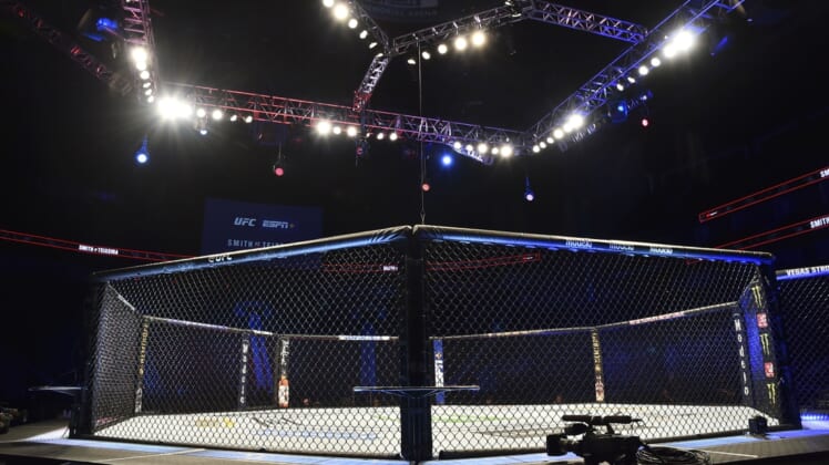 May 13, 2020; Jacksonville, Florida, USA; General view of the empty octagon before UFC Fight Night at VyStar Veterans Memorial Arena. Mandatory Credit: Jasen Vinlove-USA TODAY Sports