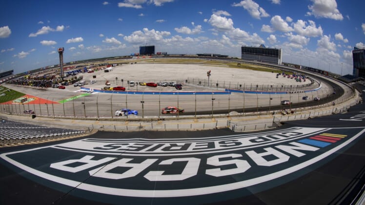 Jul 19, 2020; Fort Worth, TX, USA; A view of the NASCAR logo cover during the O'Reilly Auto Parts 500 race at Texas Motor Speedway. Mandatory Credit: Jerome Miron-USA TODAY Sports