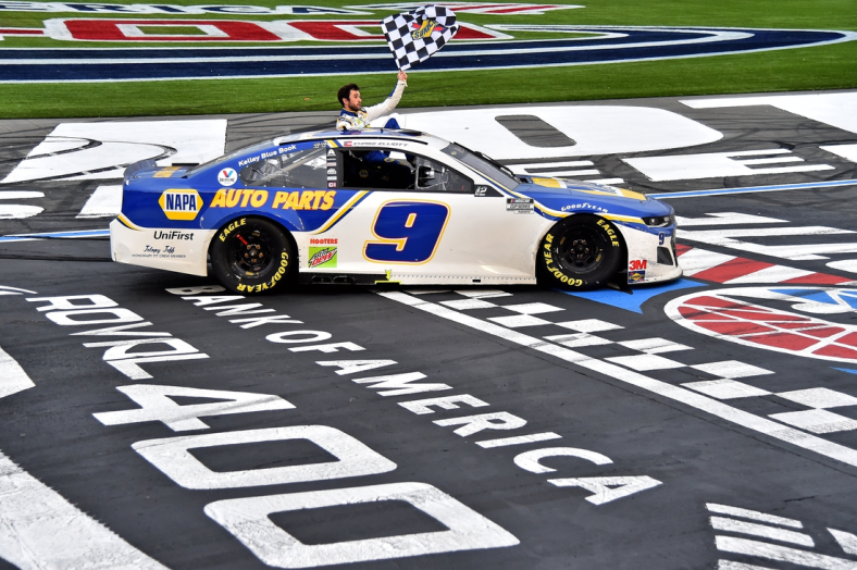 Oct 11, 2020; Concord, North Carolina, USA; NASCAR Cup Series driver Chase Elliott (9) celebrates after winning the Bank of America ROVAL 400 at Charlotte Motor Speedway. Mandatory Credit: Jasen Vinlove-USA TODAY Sports