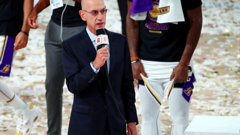 Oct 11, 2020; Lake Buena Vista, Florida, USA; NBA Commissioner Adam Silver during the trophy presentation after game six of the 2020 NBA Finals between the Los Angeles Lakers and the Miami Heat at AdventHealth Arena. The Los Angeles Lakers won 106-93 to win the series. Mandatory Credit: Kim Klement-USA TODAY Sports