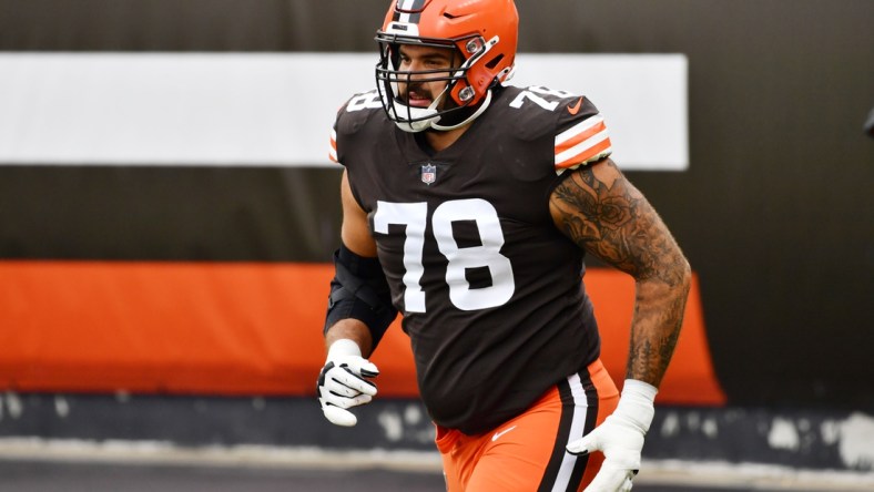 Oct 11, 2020; Cleveland, Ohio, USA; Cleveland Browns offensive tackle Jack Conklin (78) is introduced before the game between the Cleveland Browns and the Indianapolis Colts at FirstEnergy Stadium. Mandatory Credit: Ken Blaze-USA TODAY Sports