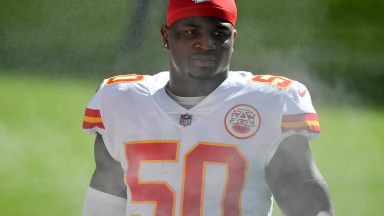 Dec 13, 2020; Miami Gardens, Florida, USA; Kansas City Chiefs outside linebacker Willie Gay Jr. (50) looks on prior to the game against the Miami Dolphins at Hard Rock Stadium. Mandatory Credit: Jasen Vinlove-USA TODAY Sports