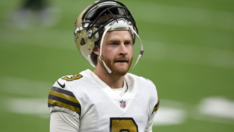 Dec 25, 2020; New Orleans, Louisiana, USA; New Orleans Saints kicker Wil Lutz (3) before their game against the Minnesota Vikings at the Mercedes-Benz Superdome. Mandatory Credit: Chuck Cook-USA TODAY Sports