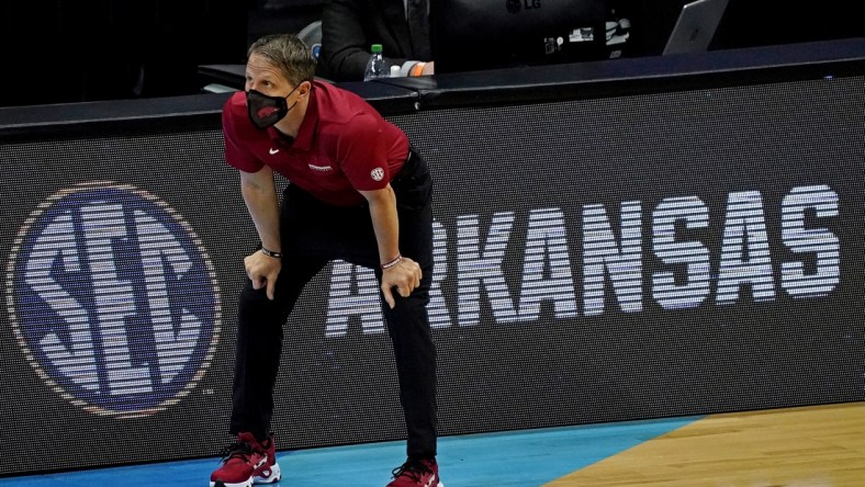 Mar 29, 2021; Indianapolis, Indiana, USA; Arkansas Razorbacks head coach Eric Musselman during the second half against the Baylor Bears in the Elite Eight of the 2021 NCAA Tournament at Lucas Oil Stadium. Mandatory Credit: Robert Deutsch-USA TODAY Sports