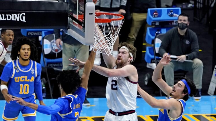 Apr 3, 2021; Indianapolis, Indiana, USA; Gonzaga Bulldogs forward Drew Timme (2) shoots the ball against UCLA Bruins guard Johnny Juzang (3) during the second half in the national semifinals of the Final Four of the 2021 NCAA Tournament at Lucas Oil Stadium. Mandatory Credit: Robert Deutsch-USA TODAY Sports
