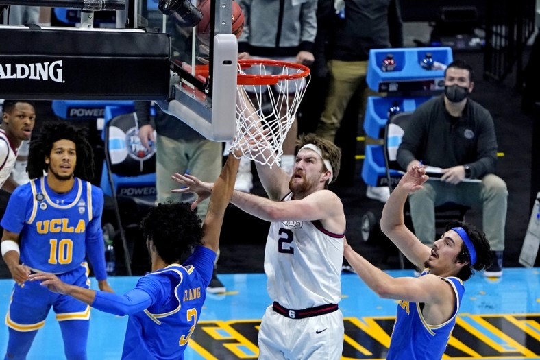 Apr 3, 2021; Indianapolis, Indiana, USA; Gonzaga Bulldogs forward Drew Timme (2) shoots the ball against UCLA Bruins guard Johnny Juzang (3) during the second half in the national semifinals of the Final Four of the 2021 NCAA Tournament at Lucas Oil Stadium. Mandatory Credit: Robert Deutsch-USA TODAY Sports