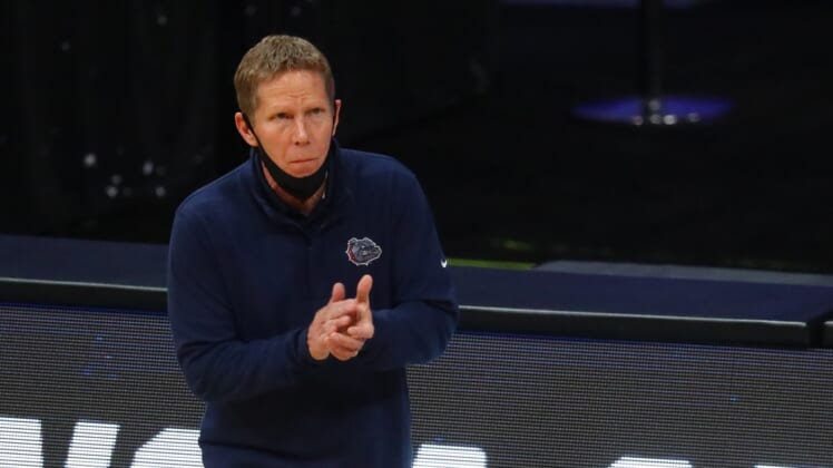 Mar 30, 2021; Indianapolis, IN, USA; Gonzaga Bulldogs head coach Mark Few against the Southern California Trojans during the Elite Eight of the 2021 NCAA Tournament at Lucas Oil Stadium. Mandatory Credit: Mark J. Rebilas-USA TODAY Sports