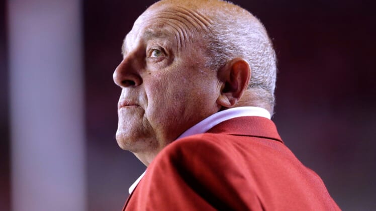 Wisconsin athletic director Barry Alvarez is shown on the sidelines during the first quarter against Utah State at Camp Randall Stadium on September 1, 2017, Madison, Wisconsin.Ncaa Football Utah State At Wisconsin