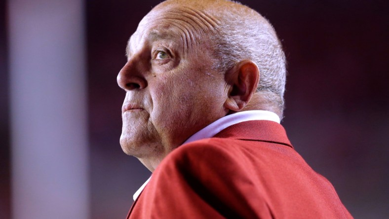 Wisconsin athletic director Barry Alvarez is shown on the sidelines during the first quarter against Utah State at Camp Randall Stadium on September 1, 2017, Madison, Wisconsin.

Ncaa Football Utah State At Wisconsin