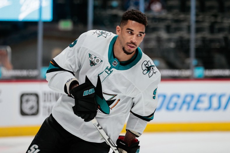Apr 30, 2021; Denver, Colorado, USA; San Jose Sharks left wing Evander Kane (9) before the game against the Colorado Avalanche at Ball Arena. Mandatory Credit: Isaiah J. Downing-USA TODAY Sports