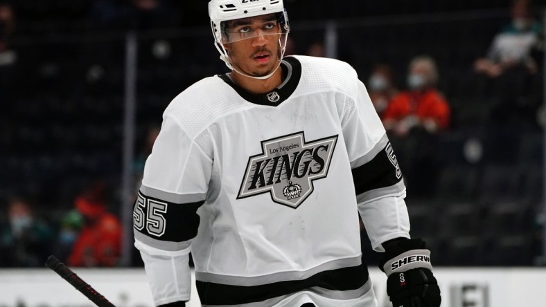 Apr 30, 2021; Anaheim, California, USA; Los Angeles Kings center Quinton Byfield (55) against the Anaheim Ducks during the first period at Honda Center. Mandatory Credit: Gary A. Vasquez-USA TODAY Sports