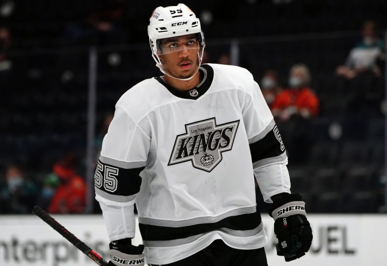 Apr 30, 2021; Anaheim, California, USA; Los Angeles Kings center Quinton Byfield (55) against the Anaheim Ducks during the first period at Honda Center. Mandatory Credit: Gary A. Vasquez-USA TODAY Sports