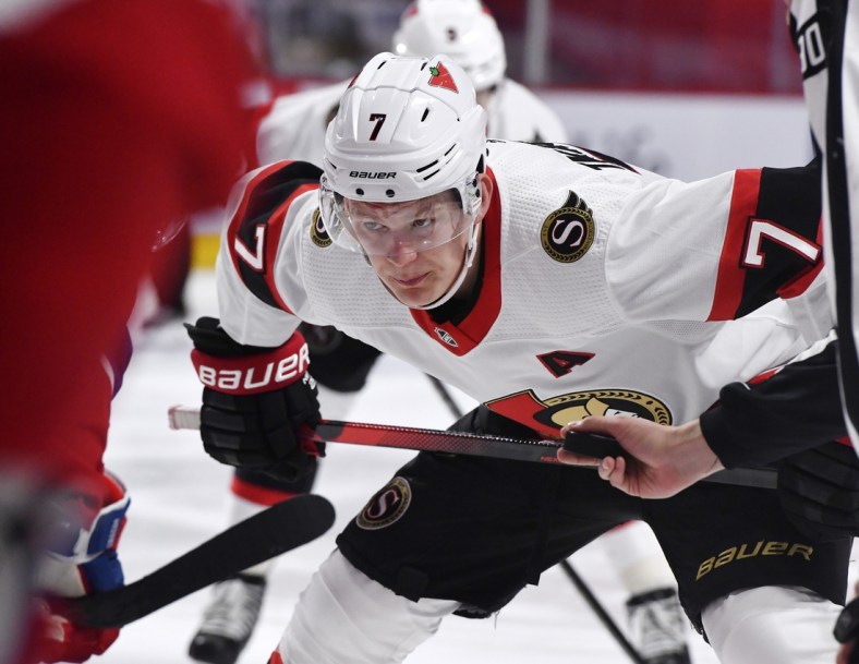 May 1, 2021; Montreal, Quebec, CAN; Ottawa Senators forward Brady Tkachuk (7) prepares for a face off against the Montreal Canadiens during the third period at the Bell Centre. Mandatory Credit: Eric Bolte-USA TODAY Sports