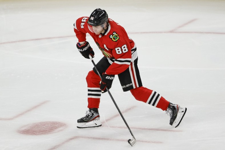 May 10, 2021; Chicago, Illinois, USA; Chicago Blackhawks right wing Patrick Kane (88) looks to score against the Dallas Stars during the third period at United Center. Mandatory Credit: Kamil Krzaczynski-USA TODAY Sports