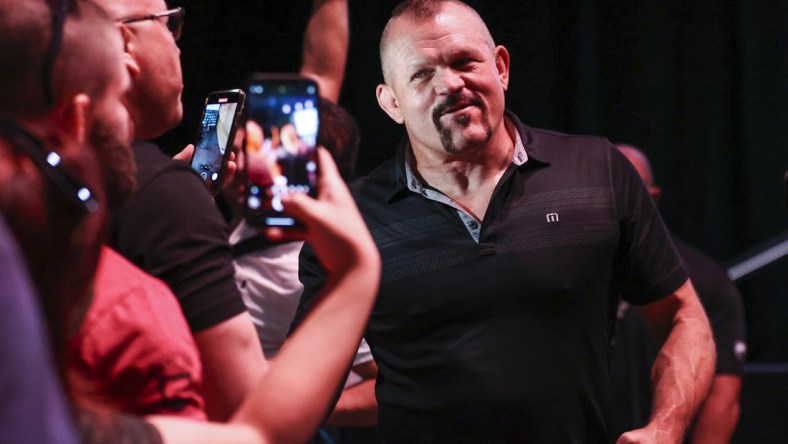 May 14, 2021; Houston, Texas, USA; Chuck Liddell talks with fans after weigh ins for UFC 262 at George R Brown Convention Center. Mandatory Credit: Troy Taormina-USA TODAY Sports