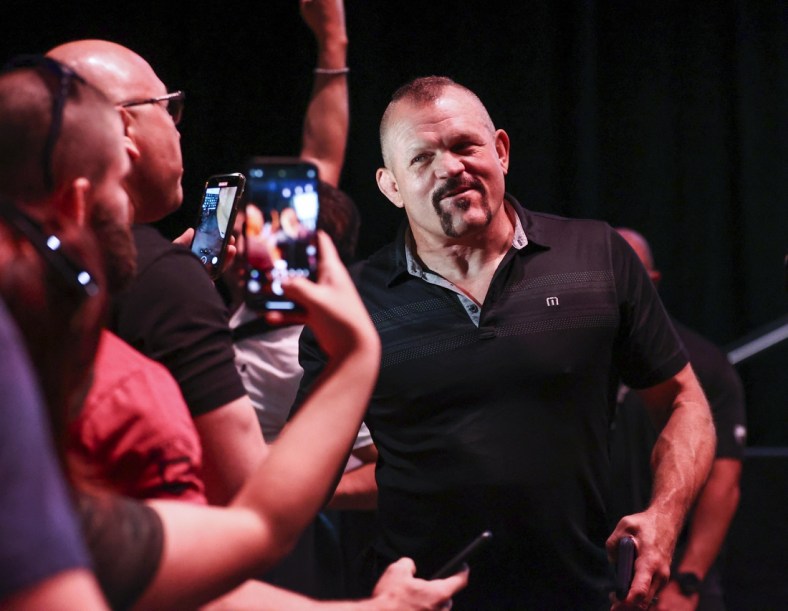 May 14, 2021; Houston, Texas, USA; Chuck Liddell talks with fans after weigh ins for UFC 262 at George R Brown Convention Center. Mandatory Credit: Troy Taormina-USA TODAY Sports
