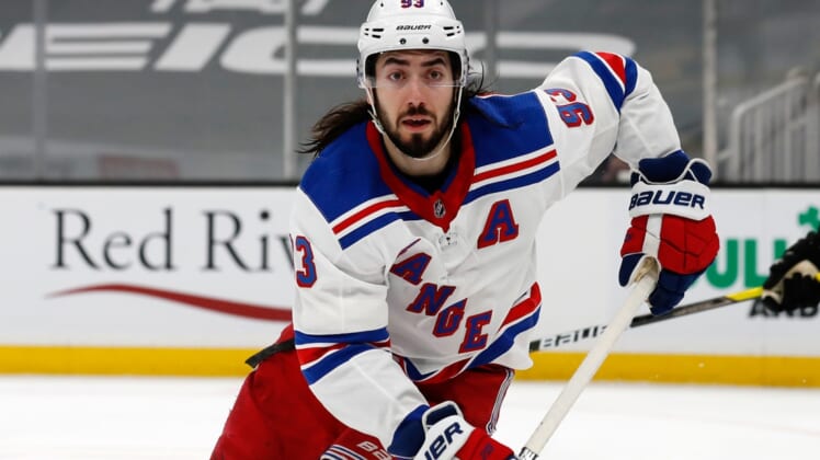 May 6, 2021; Boston, Massachusetts, USA; New York Rangers center Mika Zibanejad (93) during the first period against the Boston Bruins at TD Garden. Mandatory Credit: Winslow Townson-USA TODAY Sports
