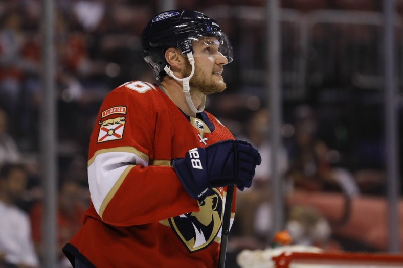 May 16, 2021; Sunrise, Florida, USA; Florida Panthers center Aleksander Barkov (16) looks on from the ice against the Tampa Bay Lightning during the first period in game one of the first round of the 2021 Stanley Cup Playoffs at BB&T Center. Mandatory Credit: Sam Navarro-USA TODAY Sports