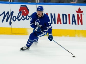 May 20, 2021; Toronto, Ontario, CAN; Toronto Maple Leafs forward Auston Matthews (34) carries the puck against the Montreal Canadiens during the first period of game one of the first round of the 2021 Stanley Cup Playoffs at Scotiabank Arena. Mandatory Credit: John E. Sokolowski-USA TODAY Sports