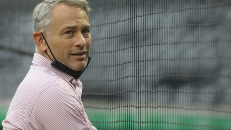 May 26, 2021; Pittsburgh, Pennsylvania, USA;  Chicago Cubs president of baseball operations Jed Hoyer observes batting practice before the Cubs play the Pittsburgh Pirates at PNC Park. Mandatory Credit: Charles LeClaire-USA TODAY Sports