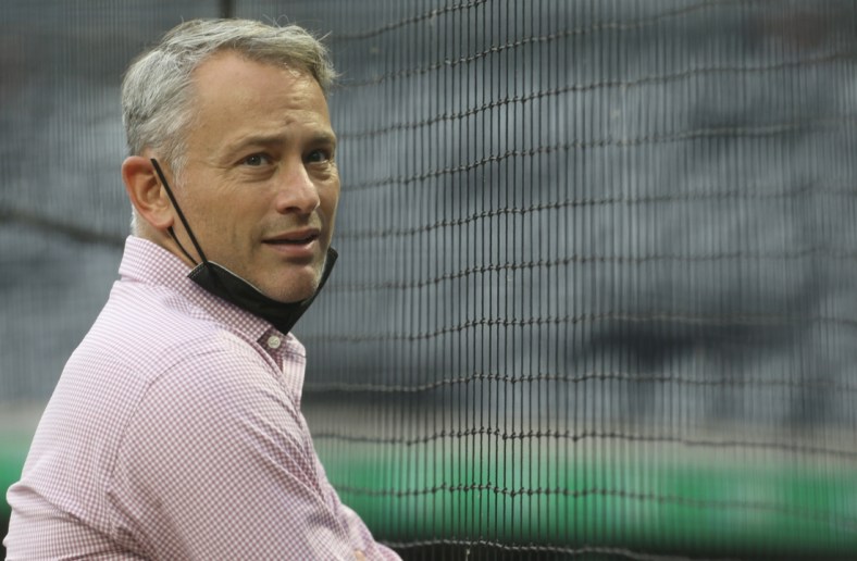 May 26, 2021; Pittsburgh, Pennsylvania, USA;  Chicago Cubs president of baseball operations Jed Hoyer observes batting practice before the Cubs play the Pittsburgh Pirates at PNC Park. Mandatory Credit: Charles LeClaire-USA TODAY Sports