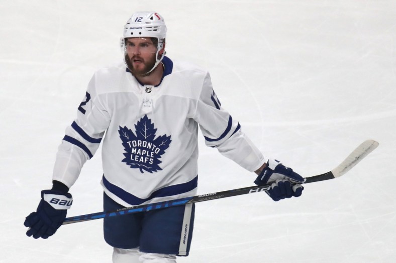 May 29, 2021; Montreal, Quebec, CAN; Toronto Maple Leafs center Alex Galchenyuk (12) during the warm-up session before the game six against Montreal Canadiens of the first round of the 2021 Stanley Cup Playoffs at Bell Centre. Mandatory Credit: Jean-Yves Ahern-USA TODAY Sports