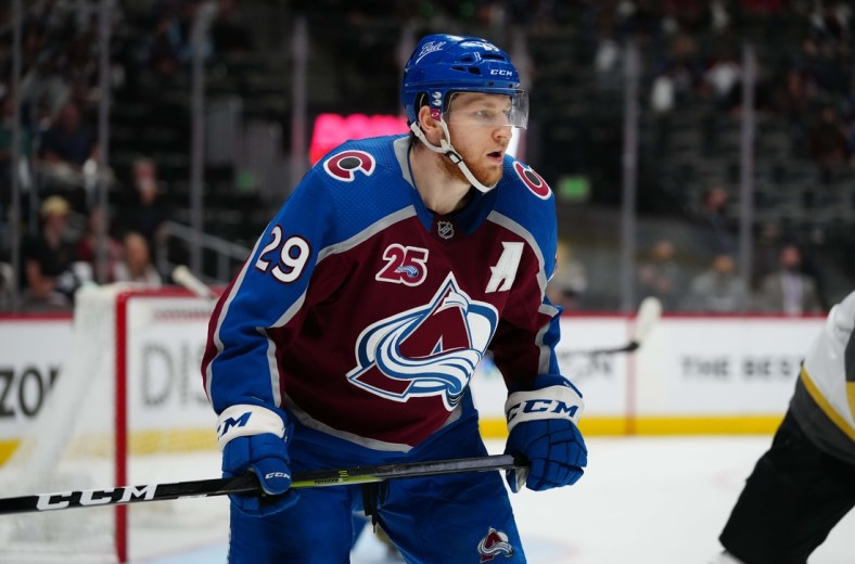 Jun 2, 2021; Denver, Colorado, USA; Colorado Avalanche center Nathan MacKinnon (29) looks on during the third period against the Vegas Golden Knights in game two of the second round of the 2021 Stanley Cup Playoffs at Ball Arena. Mandatory Credit: Ron Chenoy-USA TODAY Sports