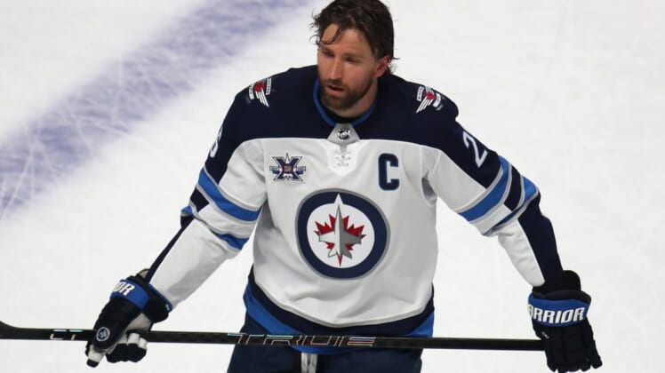 Jun 6, 2021; Montreal, Quebec, CAN; Winnipeg Jets right wing Blake Wheeler (26) during the warm-up session before the game three against Montreal Canadiens of the second round of the 2021 Stanley Cup Playoffs at Bell Centre. Mandatory Credit: Jean-Yves Ahern-USA TODAY Sports