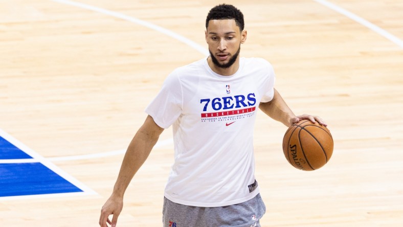 Jun 20, 2021; Philadelphia, Pennsylvania, USA; Philadelphia 76ers guard Ben Simmons warms up before game seven of the second round of the 2021 NBA Playoffs against the Atlanta Hawks at Wells Fargo Center. Mandatory Credit: Bill Streicher-USA TODAY Sports