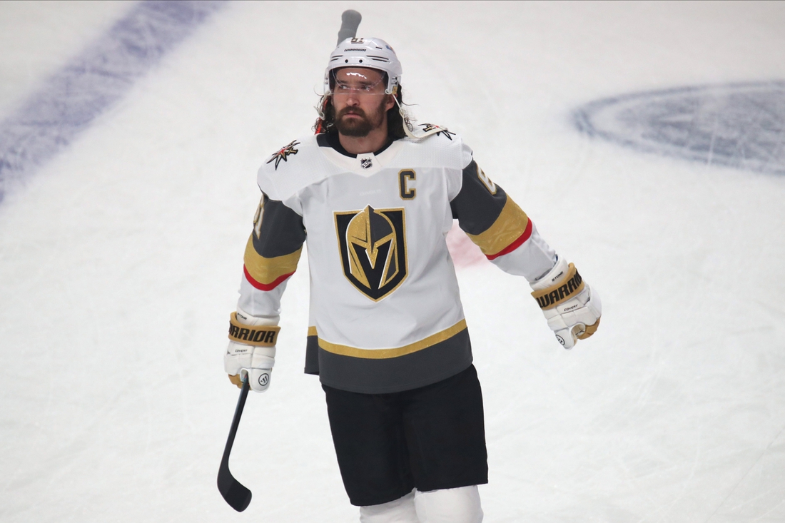 Jun 20, 2021; Montreal, Quebec, CAN; Vegas Golden Knights right wing Mark Stone (61) during the warm up session before the game four against Montreal Canadiens of the 2021 Stanley Cup Semifinals at Bell Centre. Mandatory Credit: Jean-Yves Ahern-USA TODAY Sports