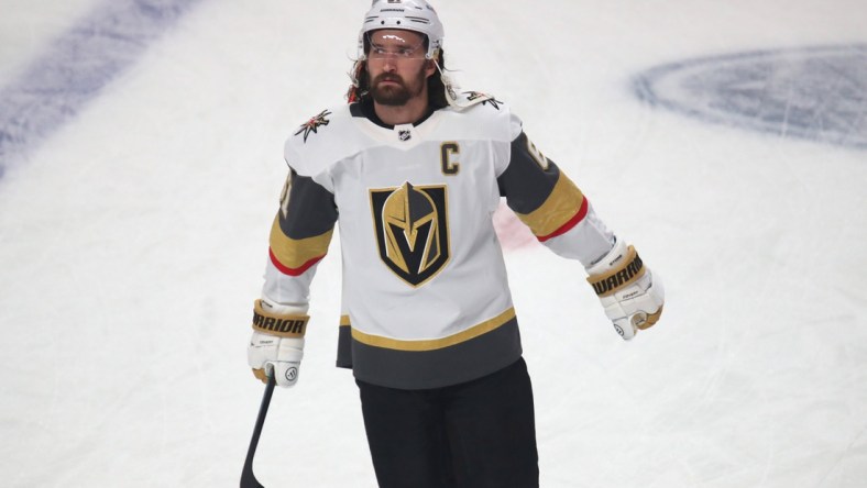 Jun 20, 2021; Montreal, Quebec, CAN; Vegas Golden Knights right wing Mark Stone (61) during the warm up session before the game four against Montreal Canadiens of the 2021 Stanley Cup Semifinals at Bell Centre. Mandatory Credit: Jean-Yves Ahern-USA TODAY Sports