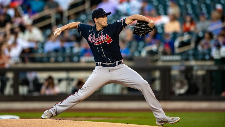 Jun 23, 2021; New York City, New York, USA; Atlanta Braves starting pitcher Kyle Wright (30 pitches against the New York Mets during the first inning at Citi Field. Mandatory Credit: John Jones-USA TODAY Sports