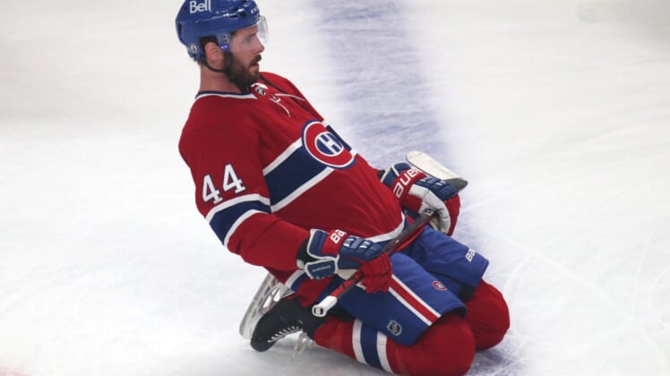 Jun 24, 2021; Montreal, Quebec, CAN; Montreal Canadiens defenseman Joel Edmundson (44) during the warm-up session before the game six against Vegas Golden Knights of the 2021 Stanley Cup Semifinals at Bell Centre. Mandatory Credit: Jean-Yves Ahern-USA TODAY Sports
