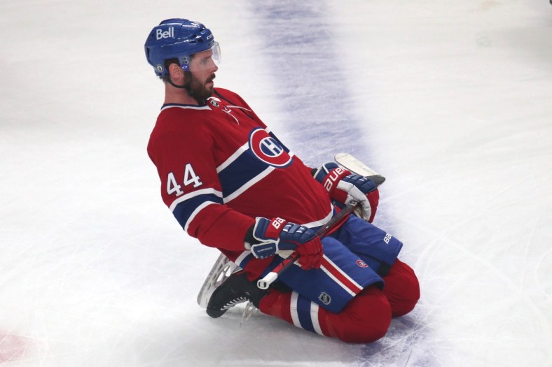 Jun 24, 2021; Montreal, Quebec, CAN; Montreal Canadiens defenseman Joel Edmundson (44) during the warm-up session before the game six against Vegas Golden Knights of the 2021 Stanley Cup Semifinals at Bell Centre. Mandatory Credit: Jean-Yves Ahern-USA TODAY Sports