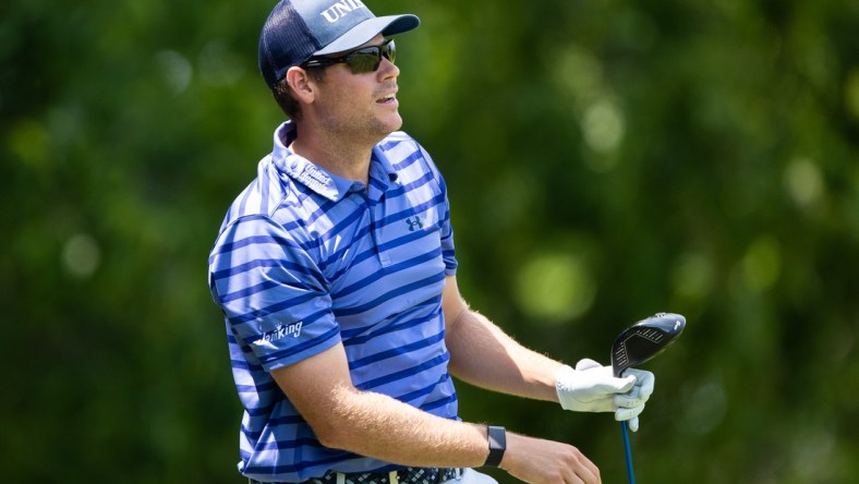 Jul 18, 2021; Nicholasville, Kentucky, USA; Adam Schenk watches his tee shot on the third hole during the final round of the Barbasol Championship golf tournament. Mandatory Credit: Jordan Prather-USA TODAY Sports