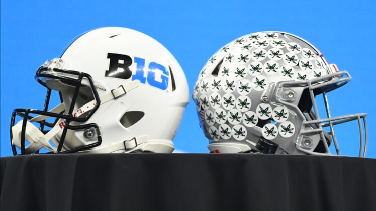 Jul 23, 2021; Indianapolis, Indiana, USA; A Big 10 helmet and Ohio State Buckeyes helmet are displayed during Big 10 media days at Lucas Oil Stadium. Mandatory Credit: Robert Goddin-USA TODAY Sports